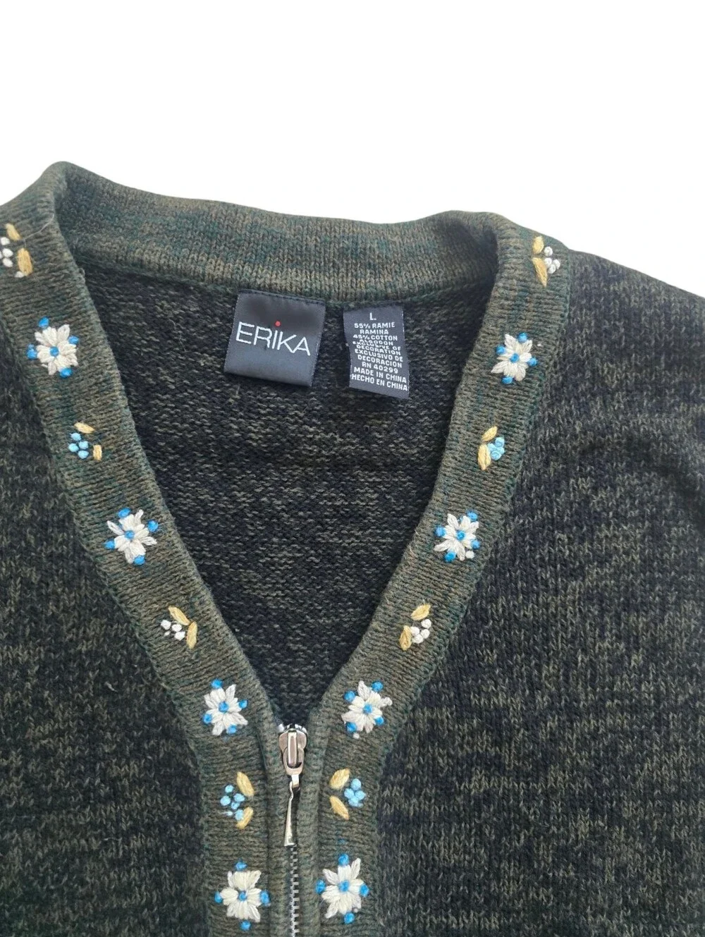 Vintage Erika Women's Greeb Full-Zip Floral Embroidered Knit Vest, Size Large